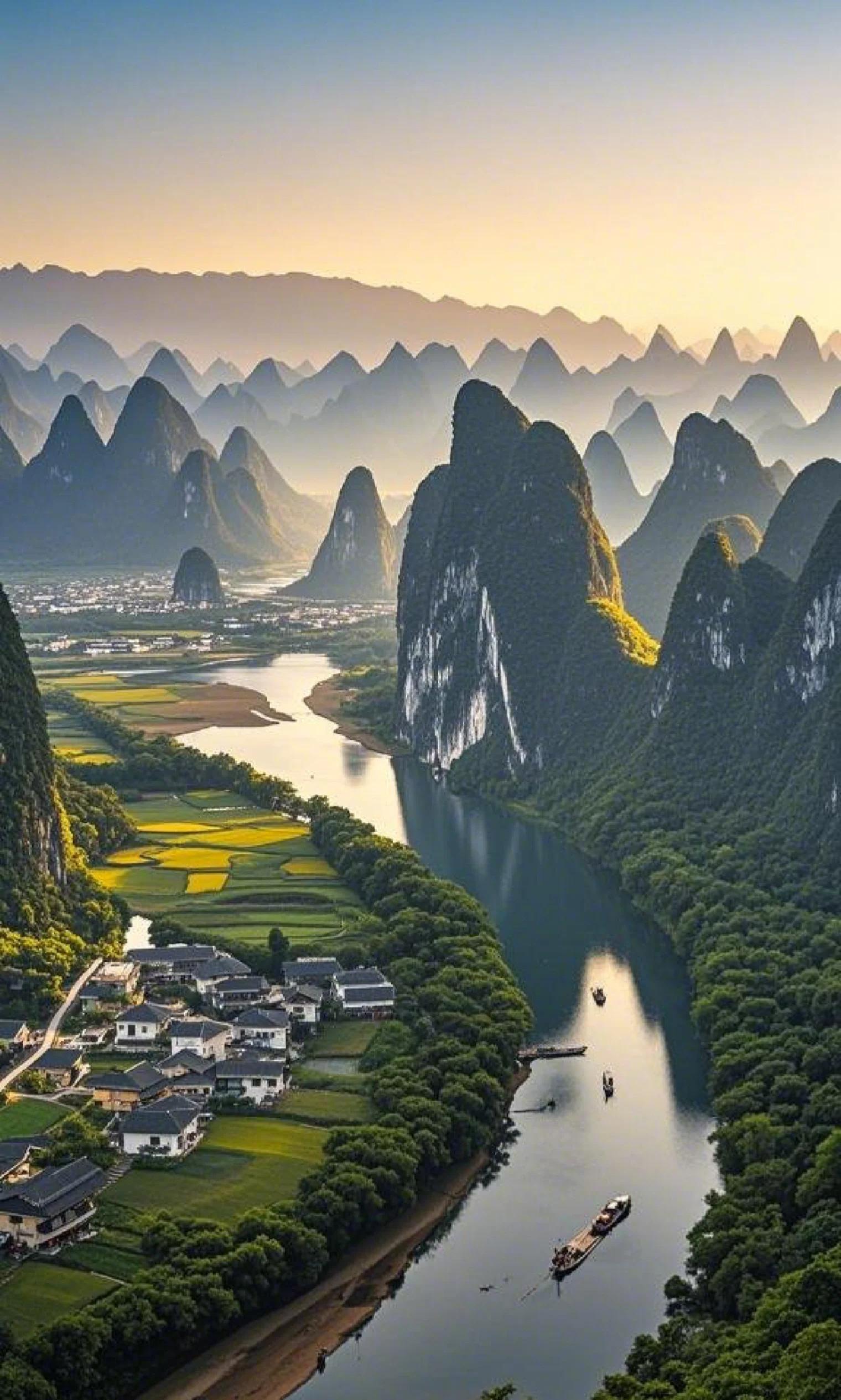 Yangshuo karst mountains and river at sunrise